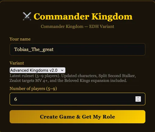 Commander Kingdom start screen: enter a name, choose the variant and the number of players
