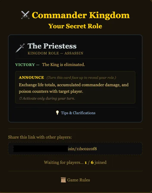 Role screen showing The Priestess (Assassin) and the join link while waiting for players
