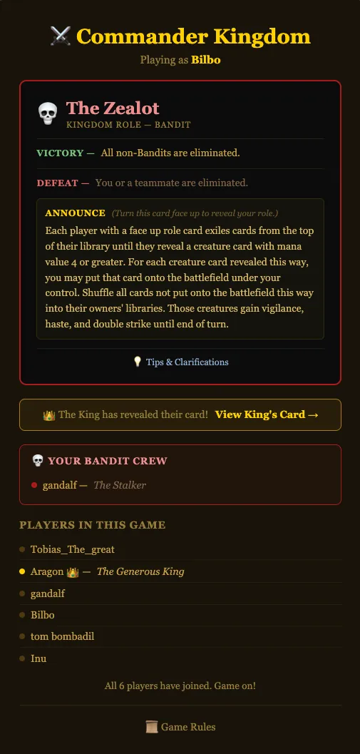 Role screen for The Zealot (Bandit) with the list of players in the game