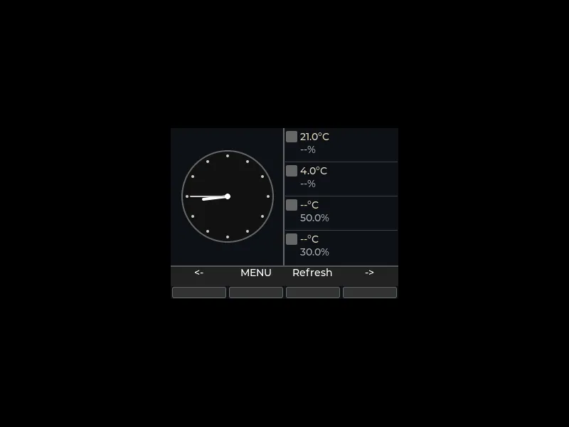 Erste gerenderte Version der Display-Oberfläche: analoge Uhr, vier Sensorwerte und eine Tastenleiste mit MENU und Refresh